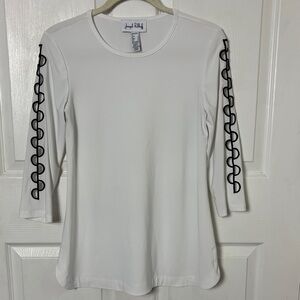 Joseph Ribkoff slinky white blouse black embroidered cut out design sleeve sz 2